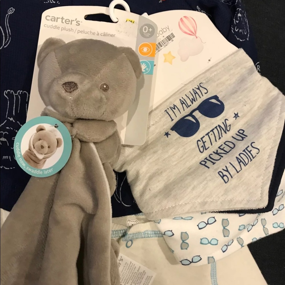 Brand new 9 month 3 shirts with bib and plush toy